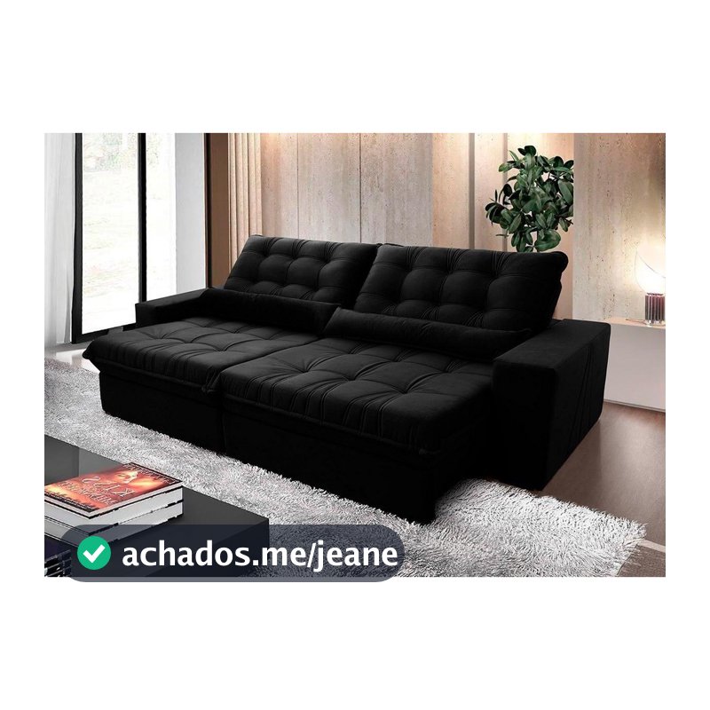 Sofá Retrátil Reclinável Zurique 2,50m Suede Velut Preto  Molas no Assento - King House