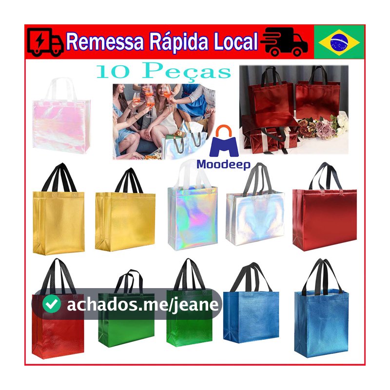 10 Peças sacolas de presente com alças, Bolsa Tote Moda, Bolsa Holográfica Saco De Praia Para Trabalho, Compras, Praia