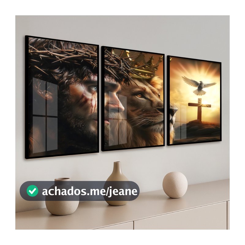 Quadro Moldura e Vidro Kit 3 Peças Religioso Jesus Cristo Coroa Leão De Judá Quarto Sala Escritório