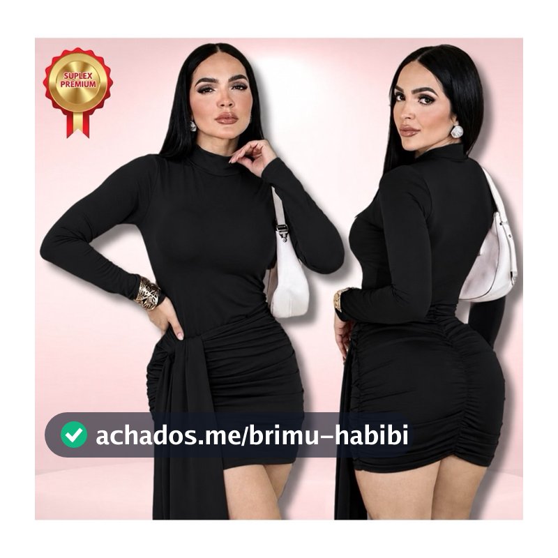 Vestido Suplex Manga Longa Gola Alta Amarração Tubinho Franzido Inverno Elegante