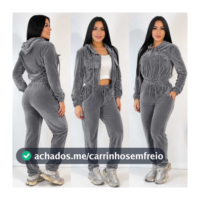 CONJUNTO FEMINO DE VELUDO CRISTAL  COM CAPUZ ZIPER CALÇA COM BOLSO FEMININO