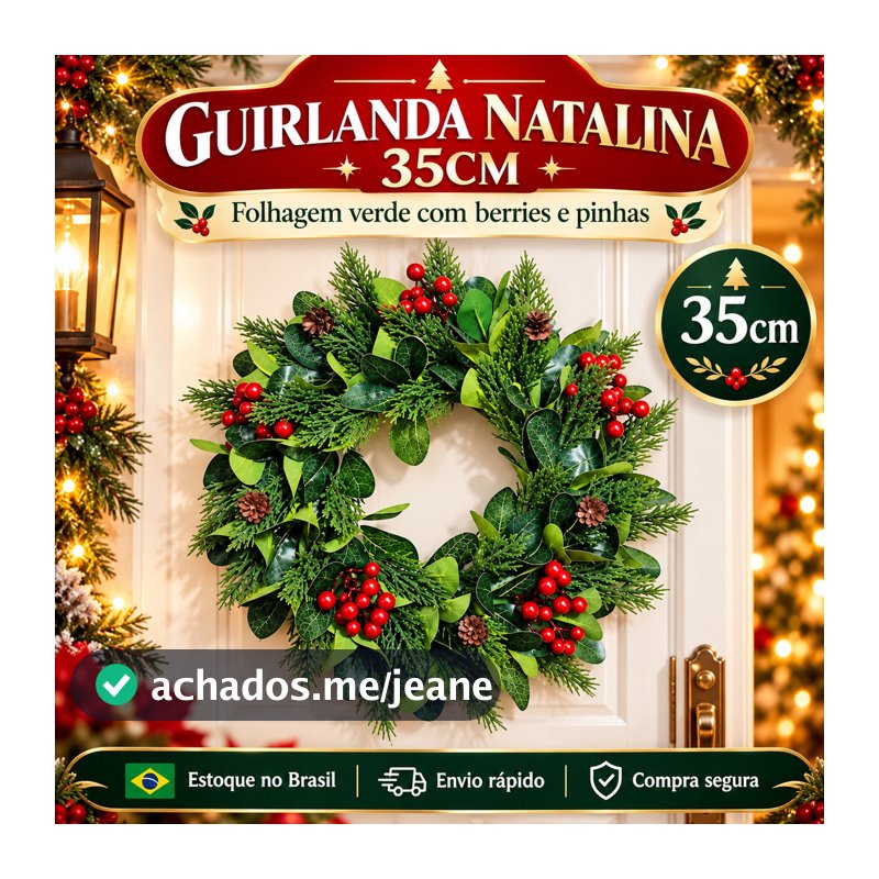 Guirlanda Natalina Premium 35cm Verde com Berries Vermelhas Pinhas Decorativas para Porta Casa Decoração de Natal