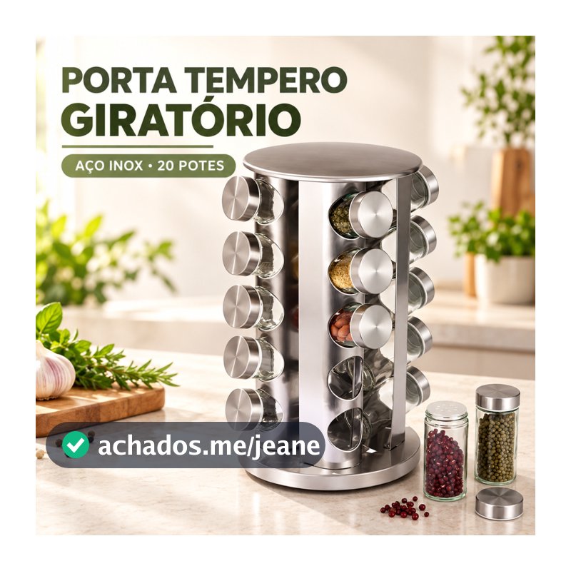 Porta Tempero Giratório 20 Potes Vidro e Inox Organizador de Condimentos Cozinha 360°