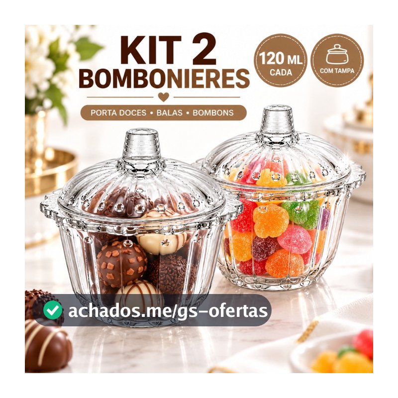 Kit 2 Bombonieres de Vidro 120ml com Tampa Potiche Porta Doces Balas Bombons