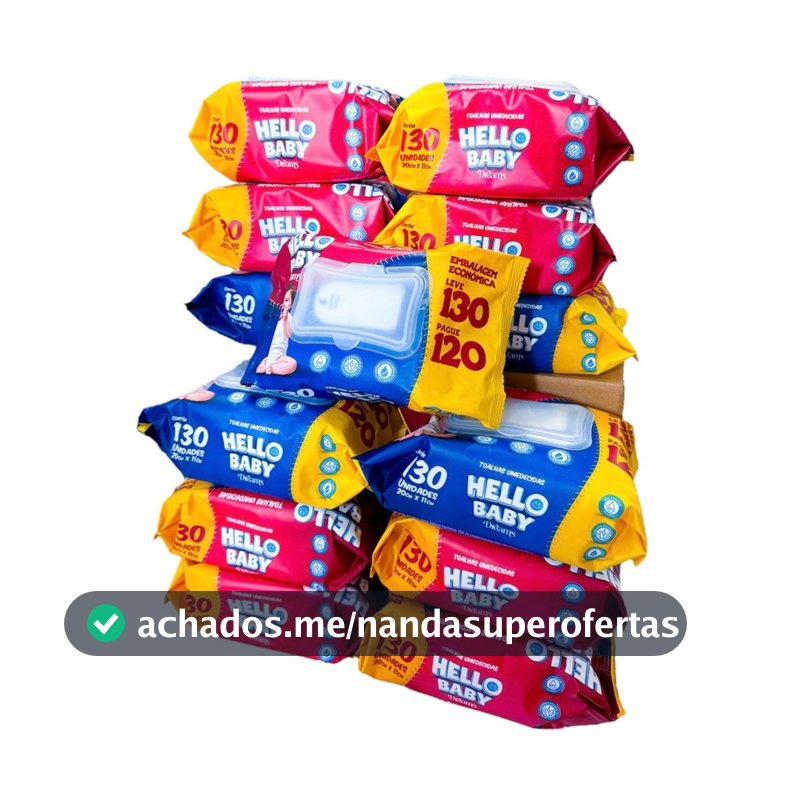 Caixa 1560 Toalha umedecida HELLO BABY SEM ÁLCOOL  (Kit 12 pacotes toalha umedecida hello baby lenço umedecido)