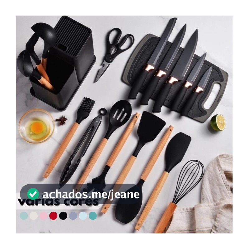 Kit Conjunto 19 Pçs De Utensílios Facas Silicone Cozinha Jogo Completo Batedeira Colher Pegador