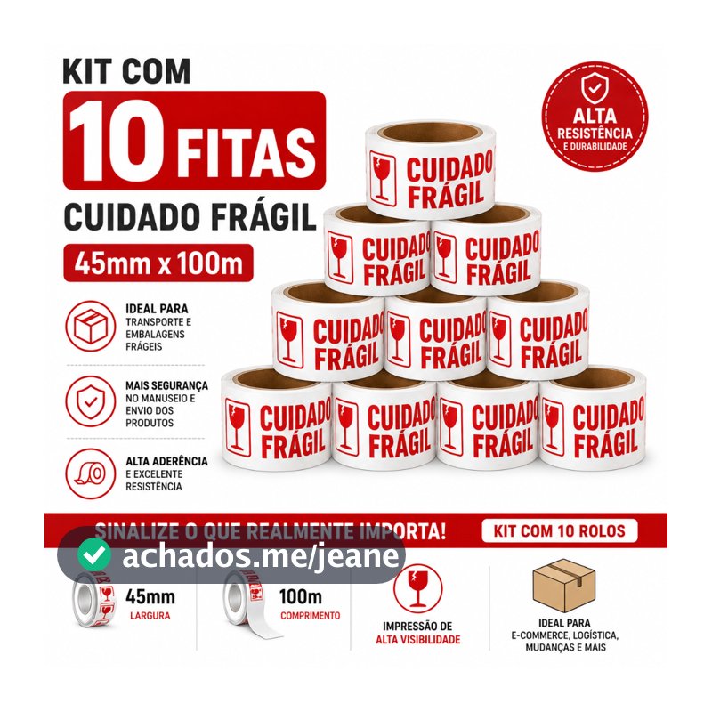 Kit 10 Rolos Fita Adesiva Cuidado Frágil 45mm x 100m Alta Resistência Embalagem Transporte Segurança