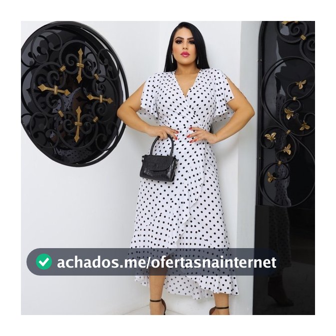 Vestido Envelope Trasnpassado Longo Manga Curta Bolinhas Viscolinho
