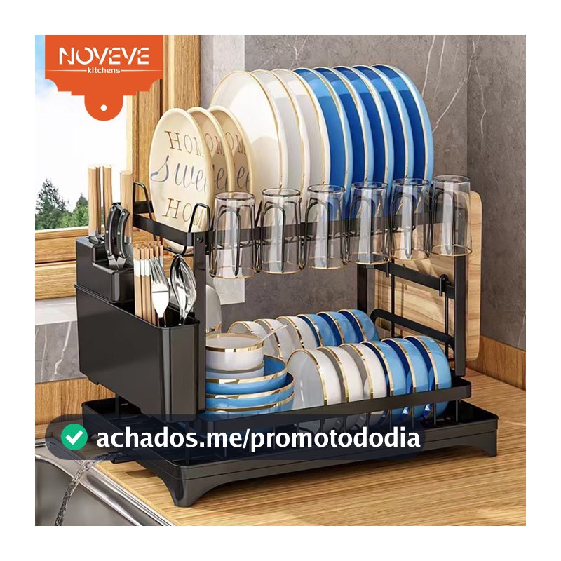 Escorredor de Louça 2 Andares Inox com Bandeja Coletora e Suportes – Organizador de Cozinha Compacta
