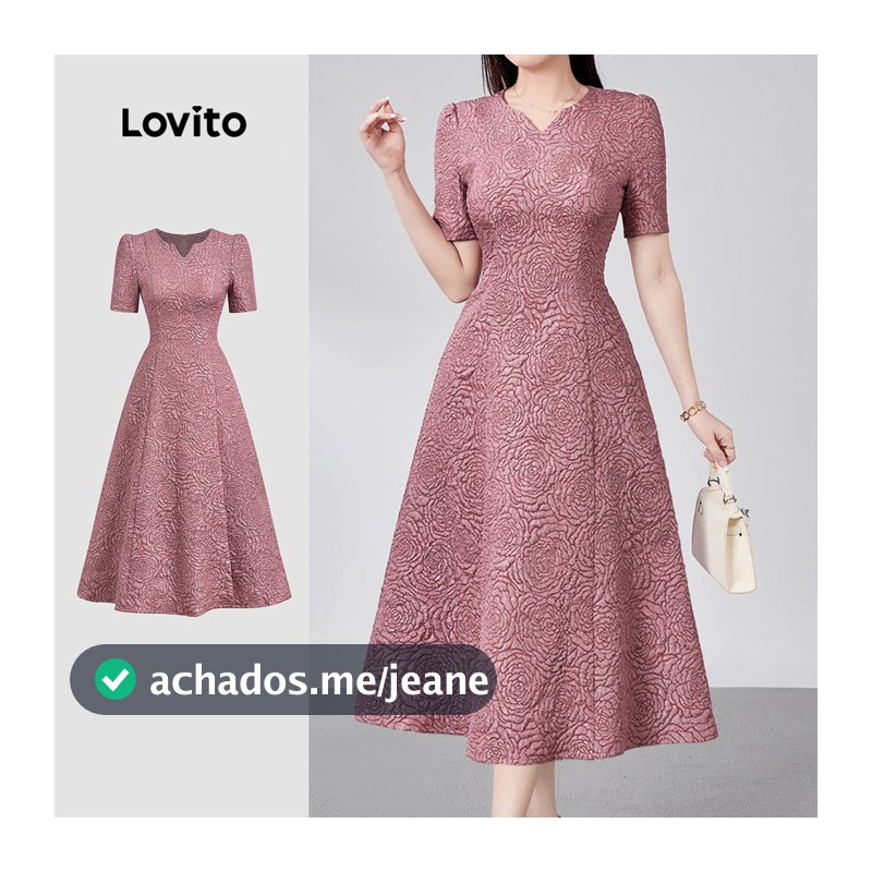 Lovito Social Vestido Midi Elegante De Manga Curta Decote Em V Textura Requintada Em Jacquard Cintura Alta E Corte Em A Para Trabalho Na Primavera/verão Nas Cores Cinza E Rosa Feminina LR18E153