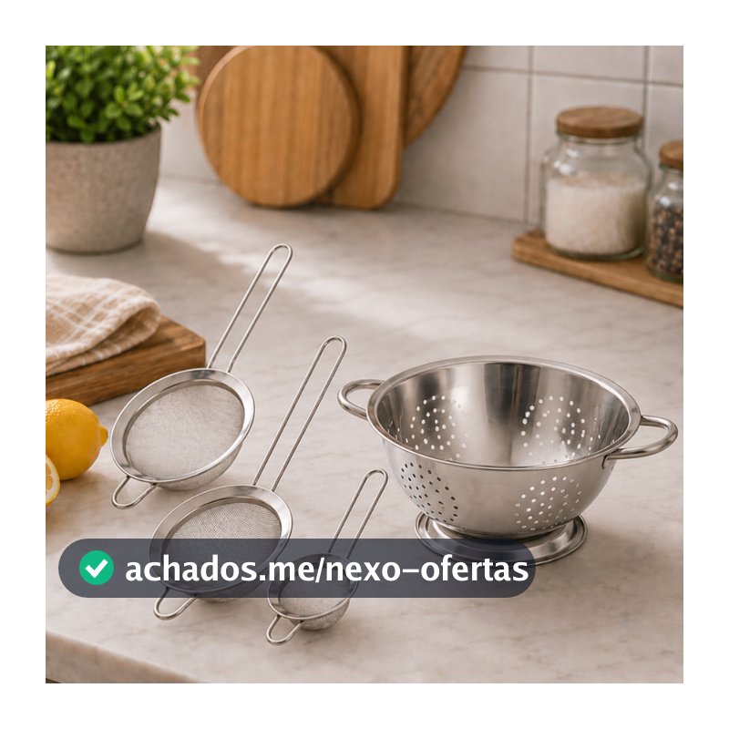 Kit Escorredor De Massas Macarrão Alimentos Aço Inox Com Alça + 3 Peneiras Aço Inox