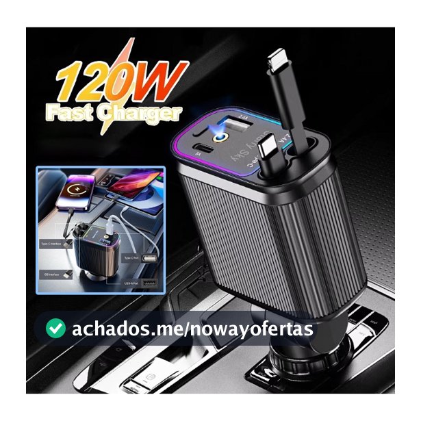 Carregador de carro retrátil com luz LED, carregador de carro rápido 4 em 1 de 120 W Super turbo para iPhone e Android