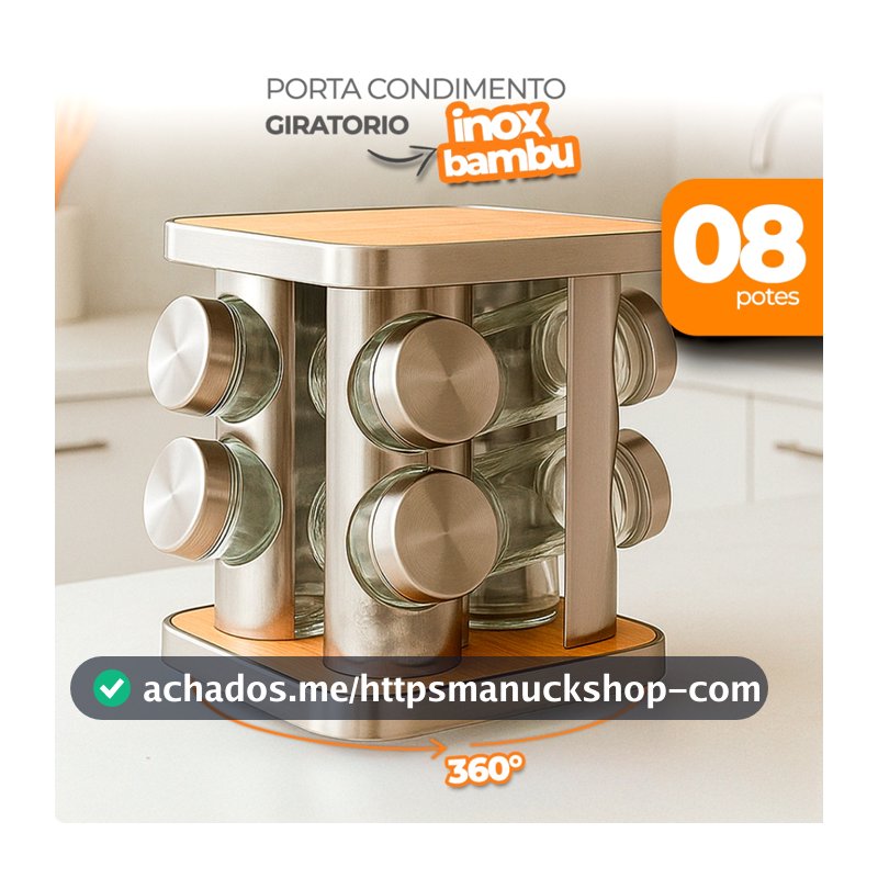 Porta Temperos Giratório Inox e Bambu com 8 Potes – Organizador 360° de Cozinha