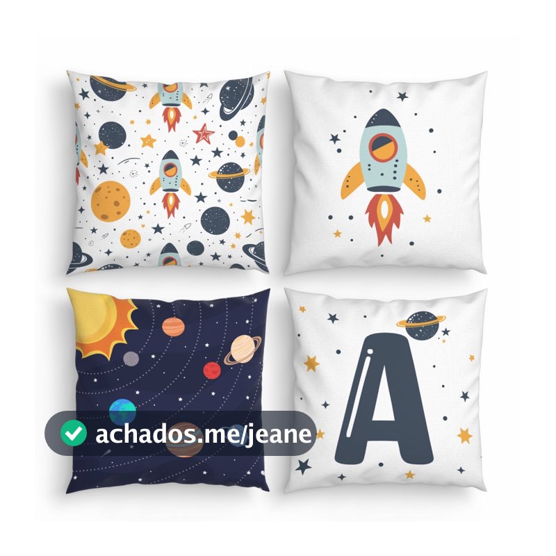 4 Capas para Almofadas Decorativas Astronauta Cute com Inicial do Nome - Quarto menino