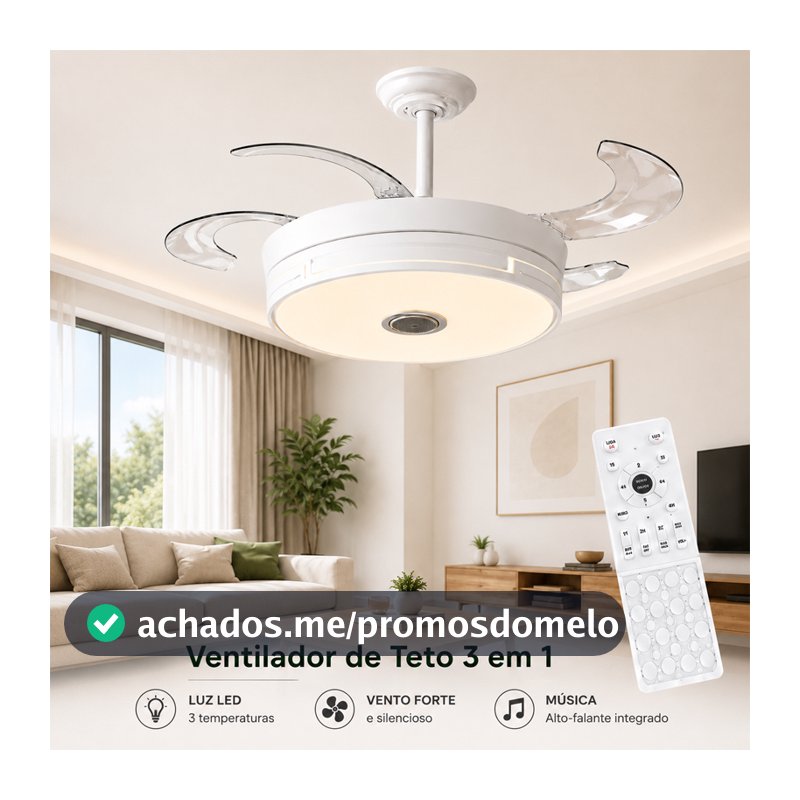 Ventilador de Teto Retrátil 42" com LED, Controle Remoto, Som Integrado, 3 Cores, Silencioso, Bivolt - Branco