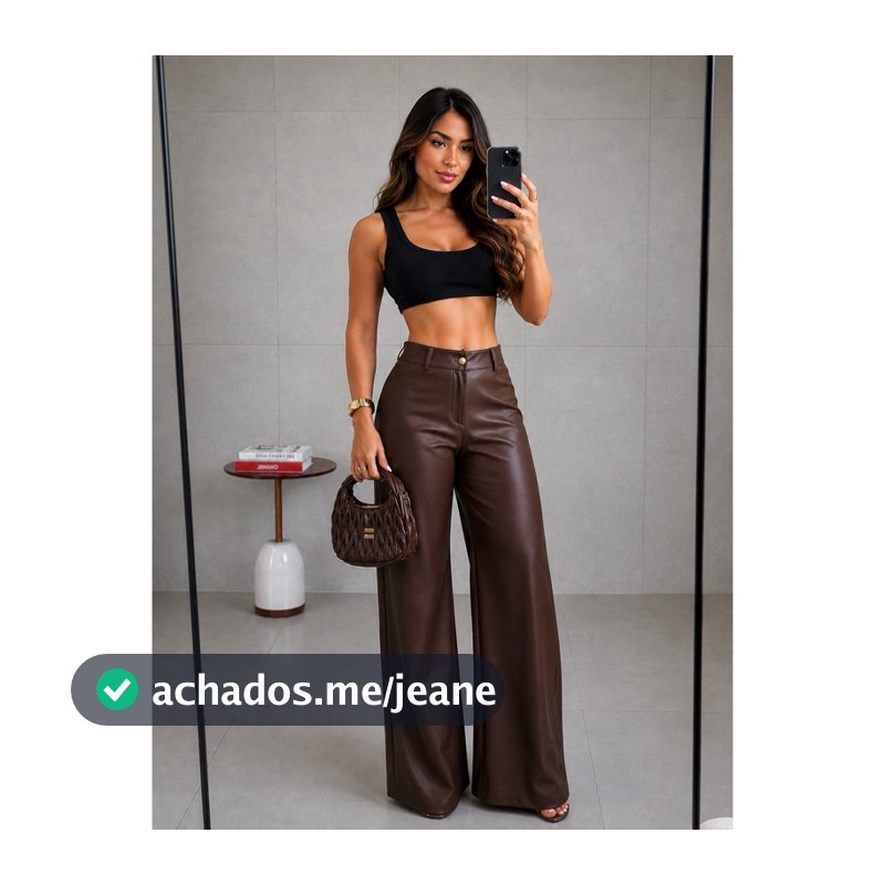Calça Pantalona Feminina Couro Sintético Premium Wide Leg Cintura Alta