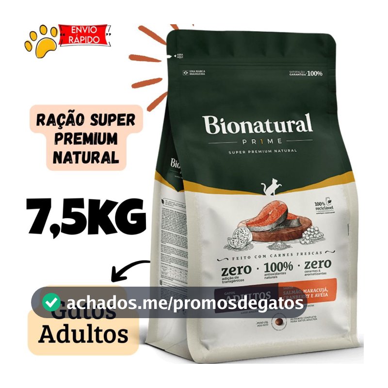Ração Bionatural Prime Gatos Adultos 7,5kg Super Premium Natural Salmão Maracujá Cranberry e Aveia