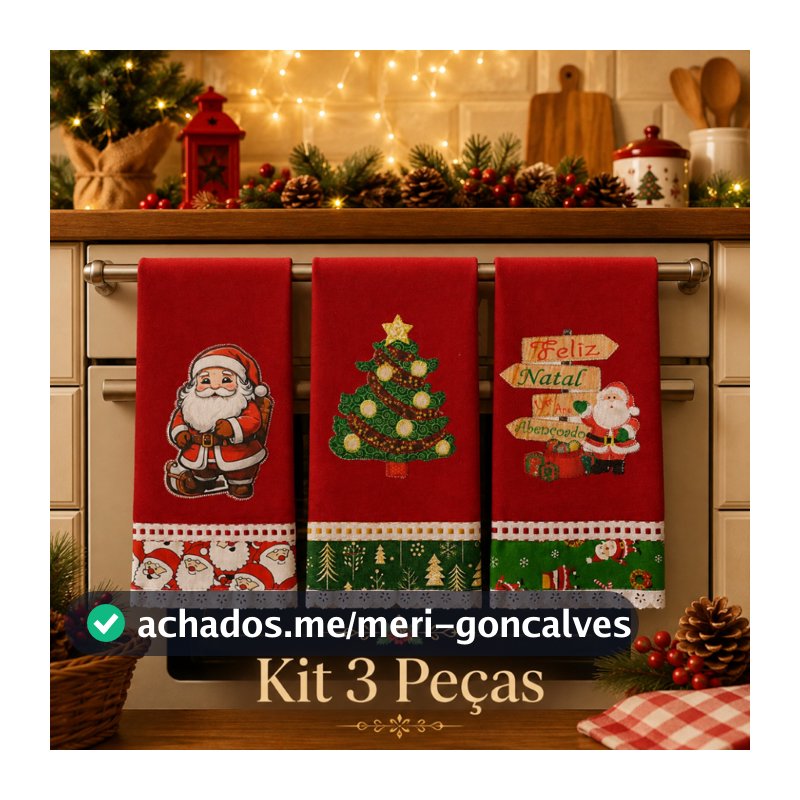 Pano de Prato Bordado Natalino Kit 3 peças Vermelho LANÇAMENTO