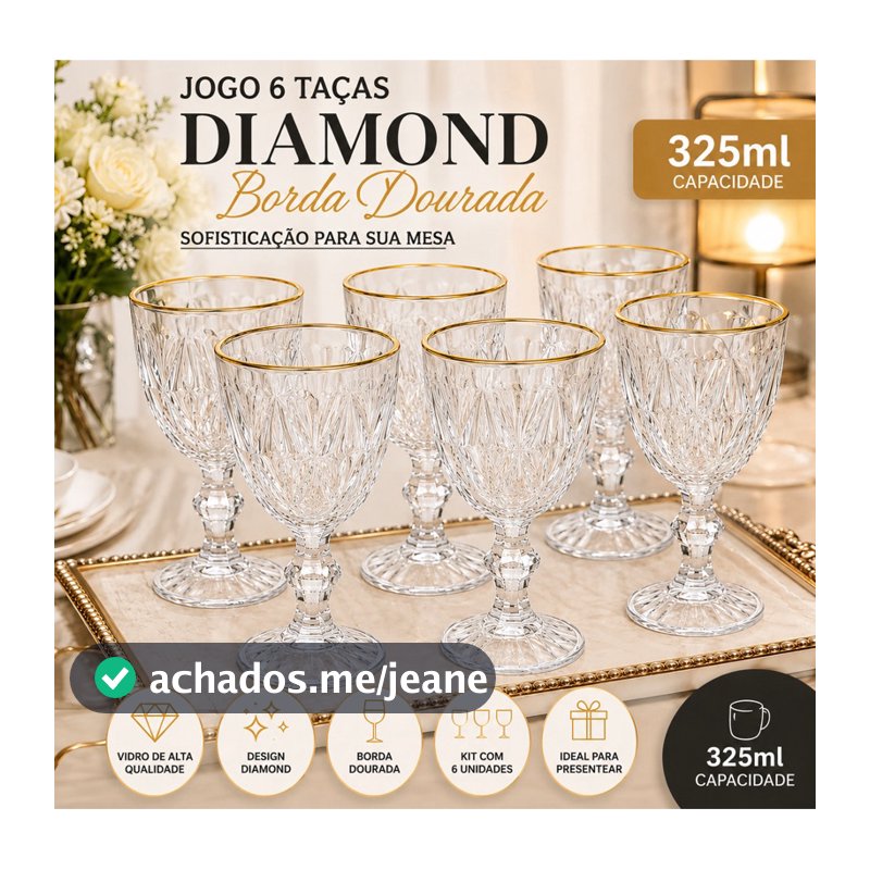 Jogo 6 Taças De Vidro 325ml Suco Vinho Água Diamond Qualidade 100%