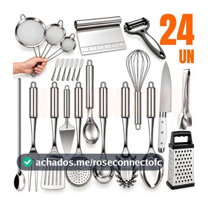 Kit Utensílios de Cozinha Inox 24 Peças Colher de Arroz Concha Escumadeira Espátula Vazada Pegador