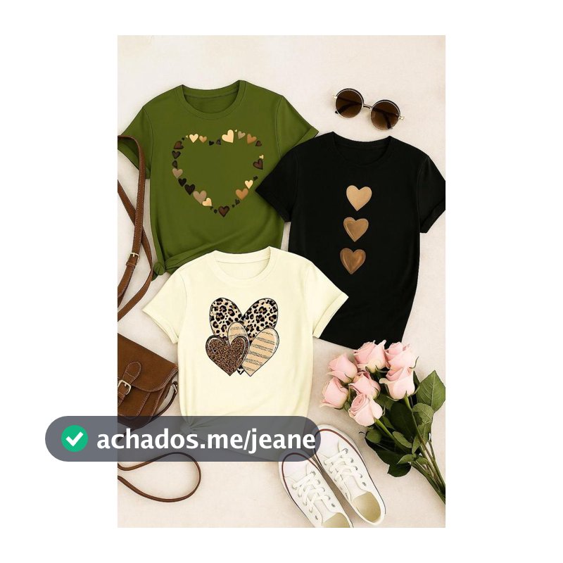 Kit 3 Blusas Femininas 100% Algodão – Confortáveis, Macias, Estampas de Coração, Casual e Moderna