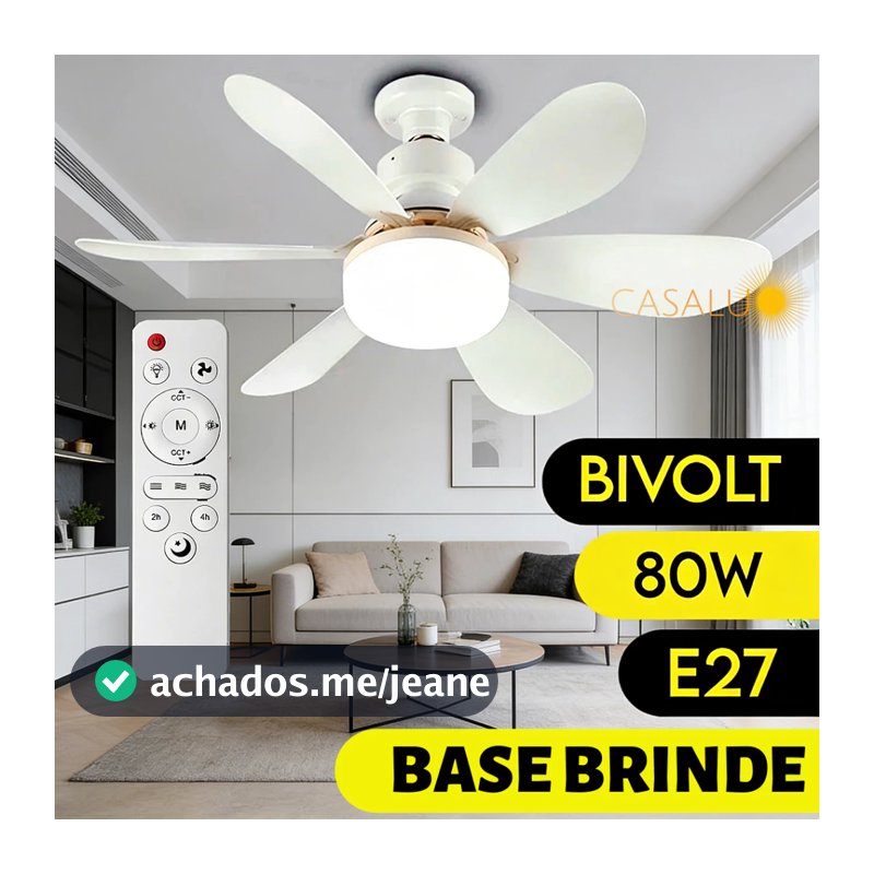 Ventilador Teto Com Luz 60W 80W Integrada Silencioso Branco 6 Pás Com Controle Remoto Com Base E27