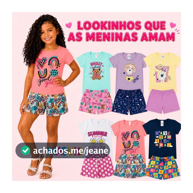 Kit 8 Peças Roupa Infantil Menina Verão Blusa Manga Curta e Shorts Estampado Tamanho 1 a 16