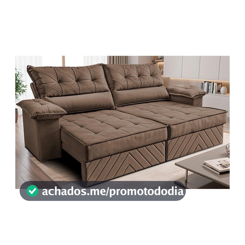 Sofá Retrátil e Reclinável 2,10m com Molas e Espuma D33 Thunder. Velusoft Cama inBox