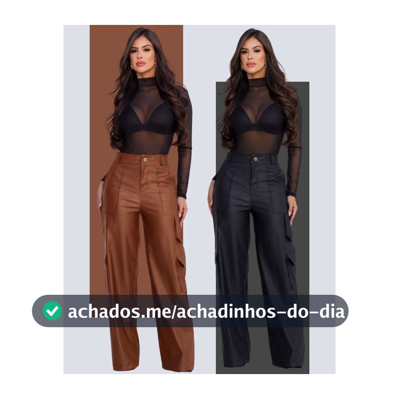 Calça Pantalona Wide Leg Reta Cargo Couro Fake Cintura Alta Moda Gringa Bolso Lateral