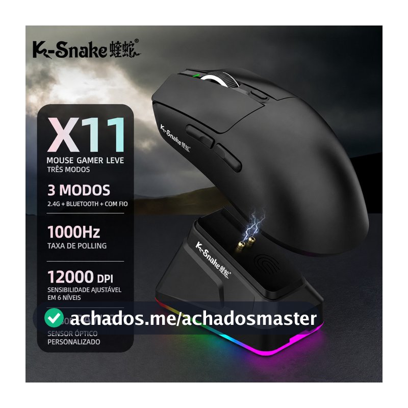 Mouse Gamer K-Snake X11 Profissional RGB 12000DPI 3 Modos Wireless 2.4G Bluetooth USB com Dock de Carregamento