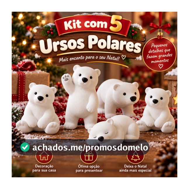 Kit 5 Ursos Polares Decorativos de Natal – Enfeites Natalinos | Decoração de Natal | Presente Criativo