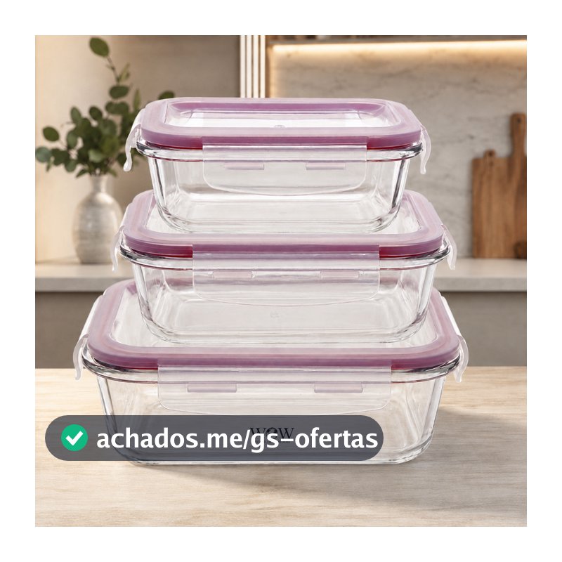 Kit 3 Potes De Vidro Herméticos com Trava para Alimentos Refratário