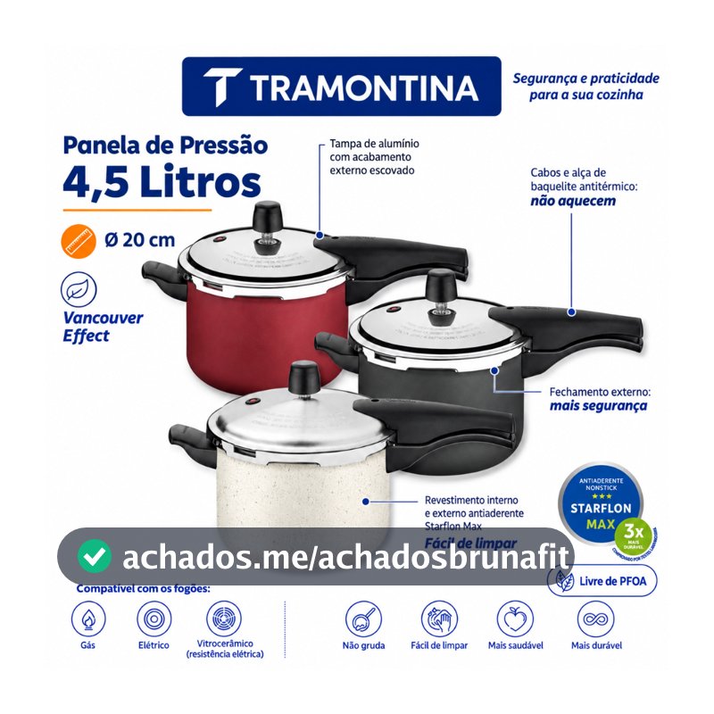 Panela de Pressão Tramontina 4,5  e 6,0 Litros com Fechamento Externo Antiaderente Starflon Max Vancouver