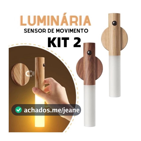 KIT 2 Luminaria Luz Led Recarregável Sensor de Movimento Arandela de Madeira Minimalista Para Mesa Parede
