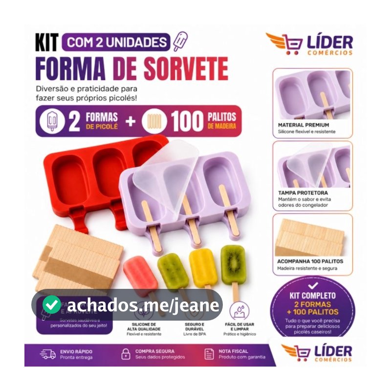 Kit 2 Forma Molde Para Sorvete Picolé Silicone C/ Tampa mais 100 Palitos 6 Sorvete