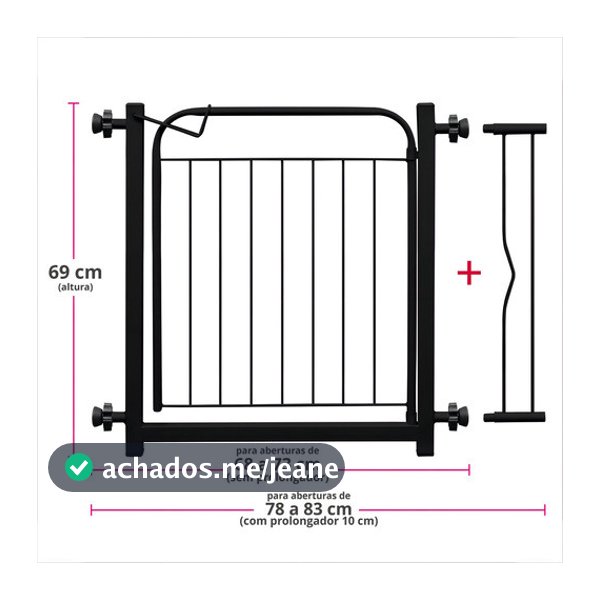 Portão Grade de Segurança Proteção Pet Cães Kids Bebês Crianças P/ Portas Portão Preto 69cm a 83cm