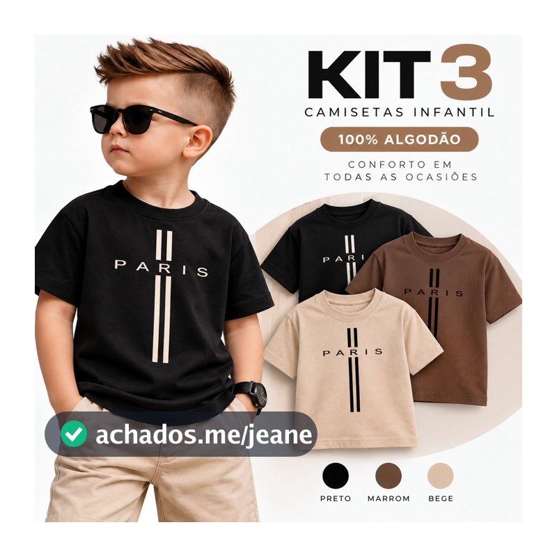 Kit 3 Camisetas Infantil Menino 100% Algodão Manga Curta Estampada Paris Roupa Infantil Confortável