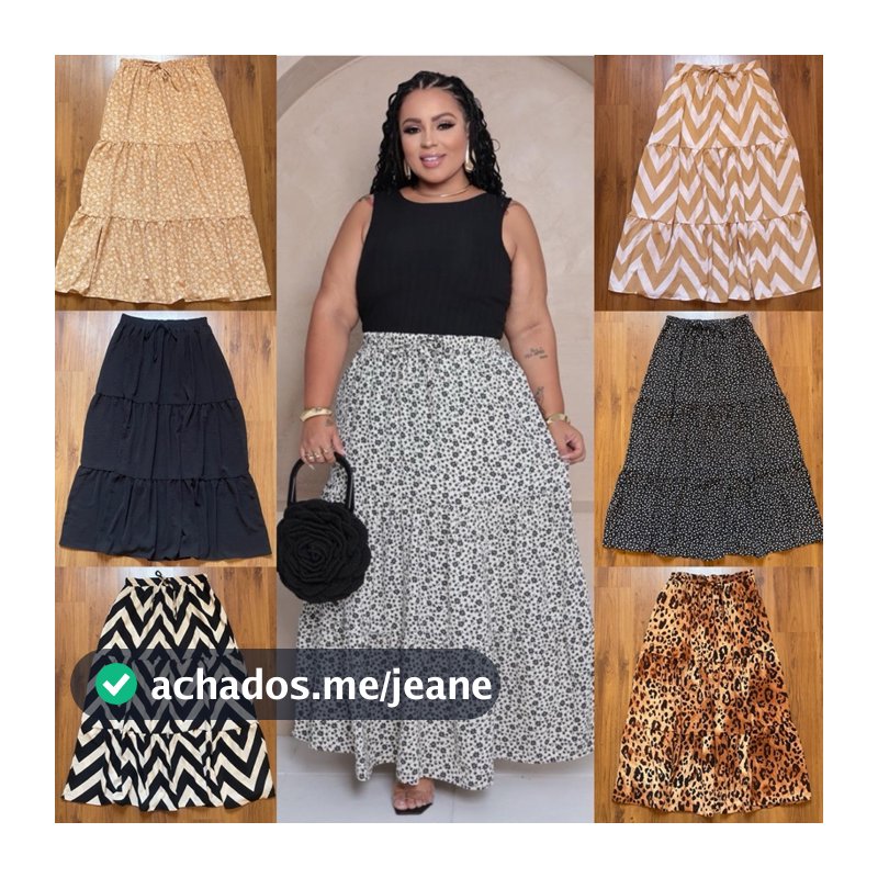Saia longa feminina plus size estampada babado camadas tres marias tecido duna premium elástico.