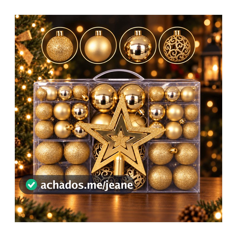 Kit 101 Peças Bolas de Natal 3cm 4cm 5cm com Estrela 20cm Dourado ou Vermelho