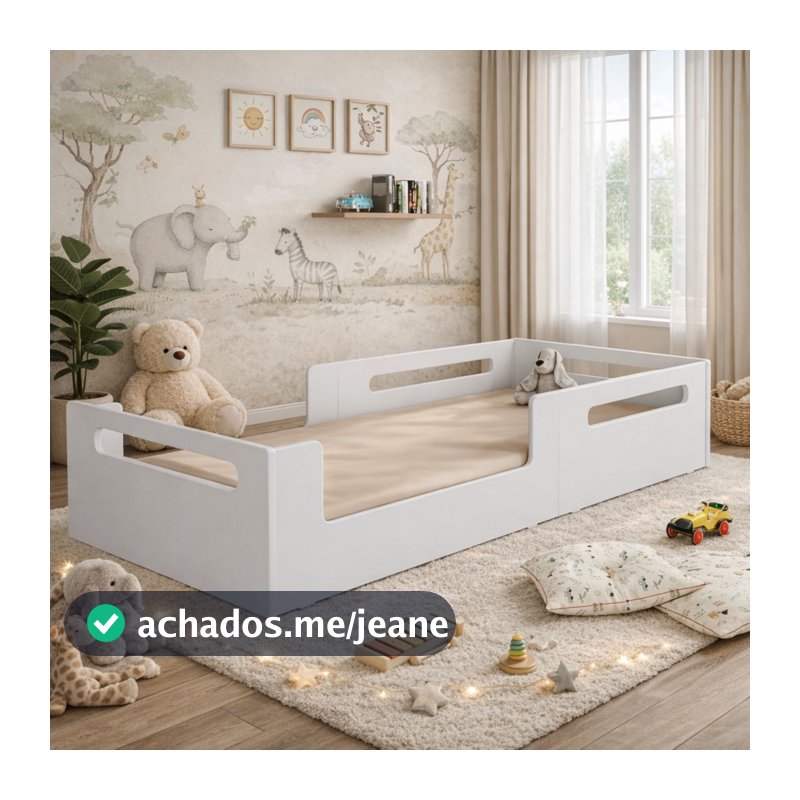 Cama Montessoriana Infantil Solteiro Com Grade Segurança Para Quarto de Criança em Mdf
