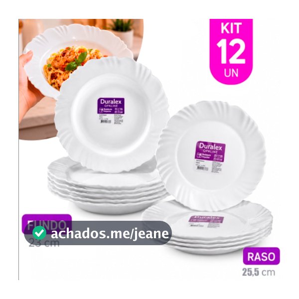 KIT 06/12UN Pratos Opaline Petala Duralex 06 Fundo e 06 Raso Vidro Branco Aparelho Jantar Almoço