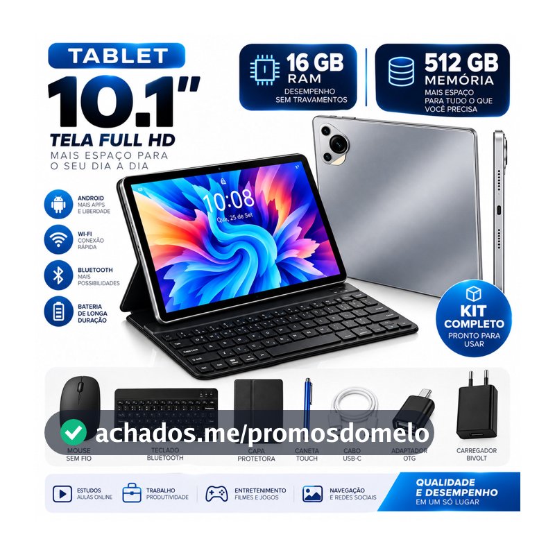 Tablet 16GB RAM 512GB Memória + Teclado Mouse Caneta Capa Kit Completo Alta Performance