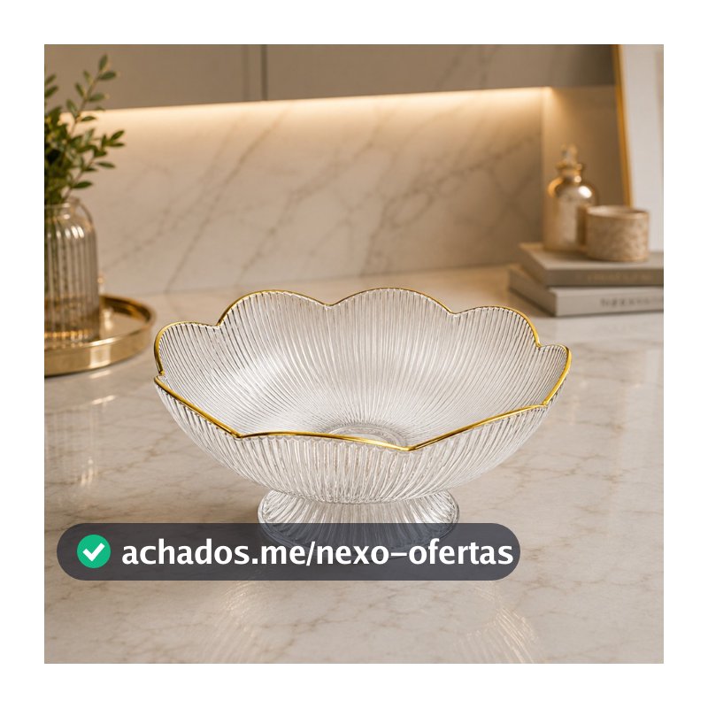 Fruteira Centro De Mesa Transparente Com Borda Dourada Luxo