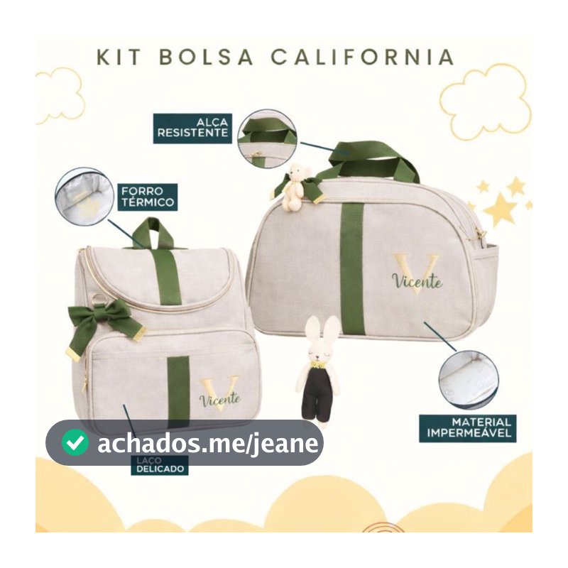 Kit Maternidade 2 Peças Bolsa e Mochila Personalizado Térmica Impermeável, Coleção Califórnia
