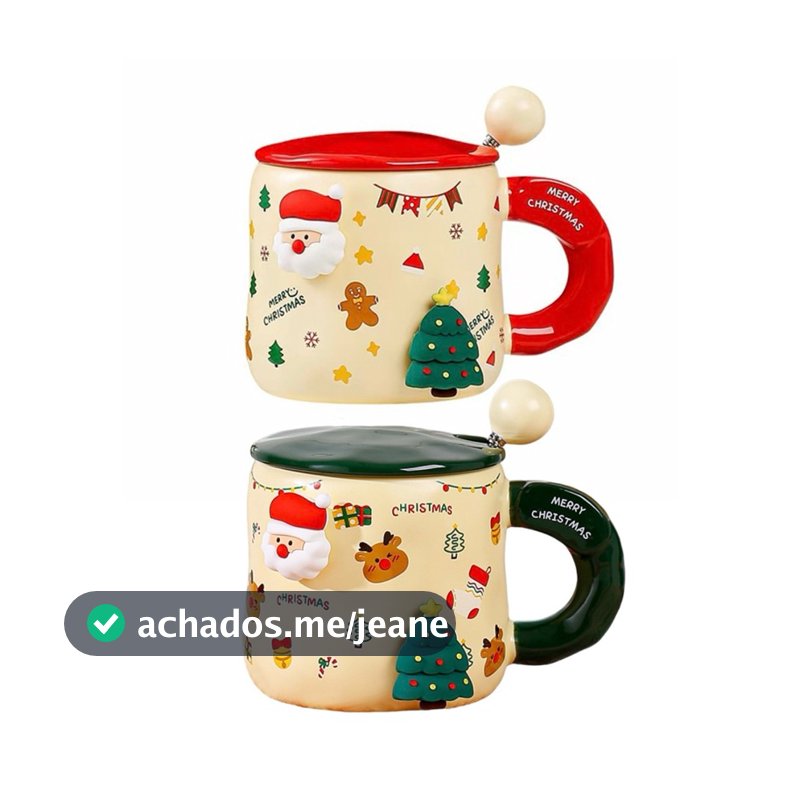 CANECA NATALINA CERÂMICA 450ML COM TAMPA COLHER E ÍMÃS PAPAI NOEL ÁRVORE DE NATAL DECORATIVA