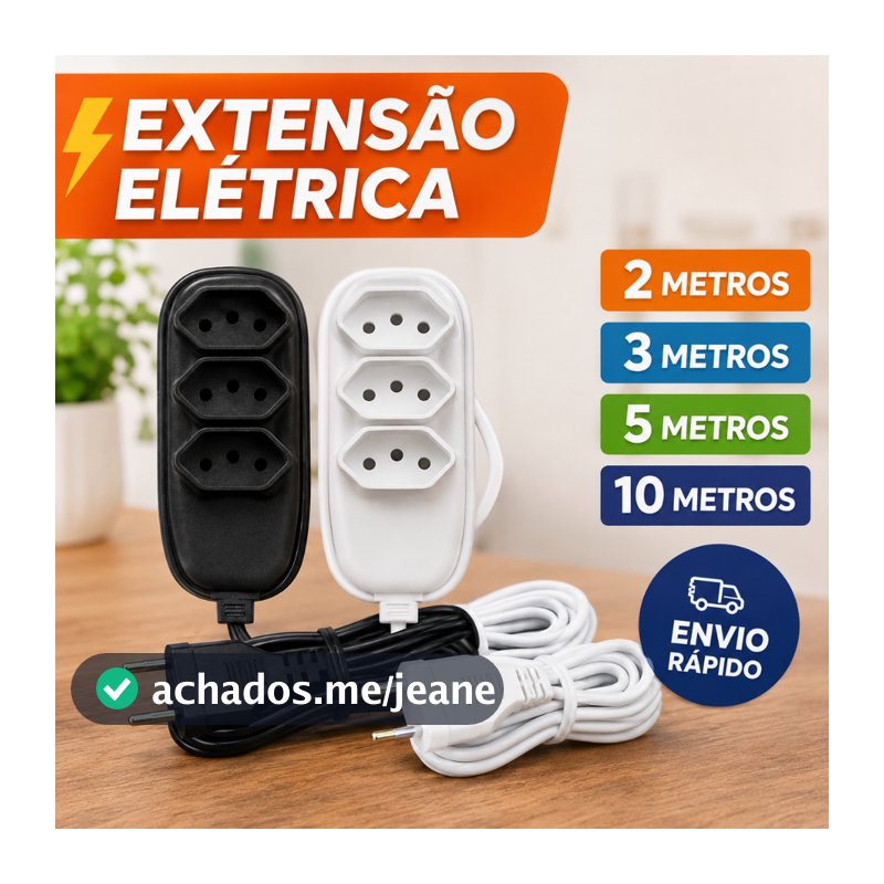 Extensão Elétrica 2, 3, 5 ou 10 METROS - BIVOLT 110/220V 10A TRIPOLAR RESISTENTE COR PRETA BRANCA