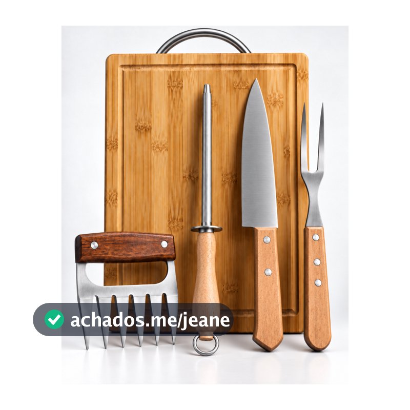 Kit 5 Peças de Churrasco Completo Faca Garfo Chaira Garra e Tábua de bambu com Sulco e Alça Inox