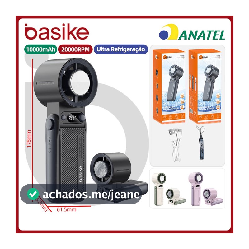 Basike Ventilador portátil mini refrigeração display digital 10000mAh，Ventilador USB 20000RPM Alta potência ，fan330