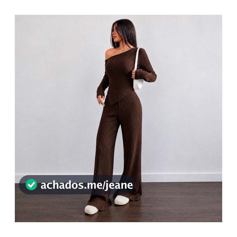 Conjunto Mila Feminino Blusa Assimétrica Manga Comprida  + Calça Pantalona Malha Ribana Moda Inverno