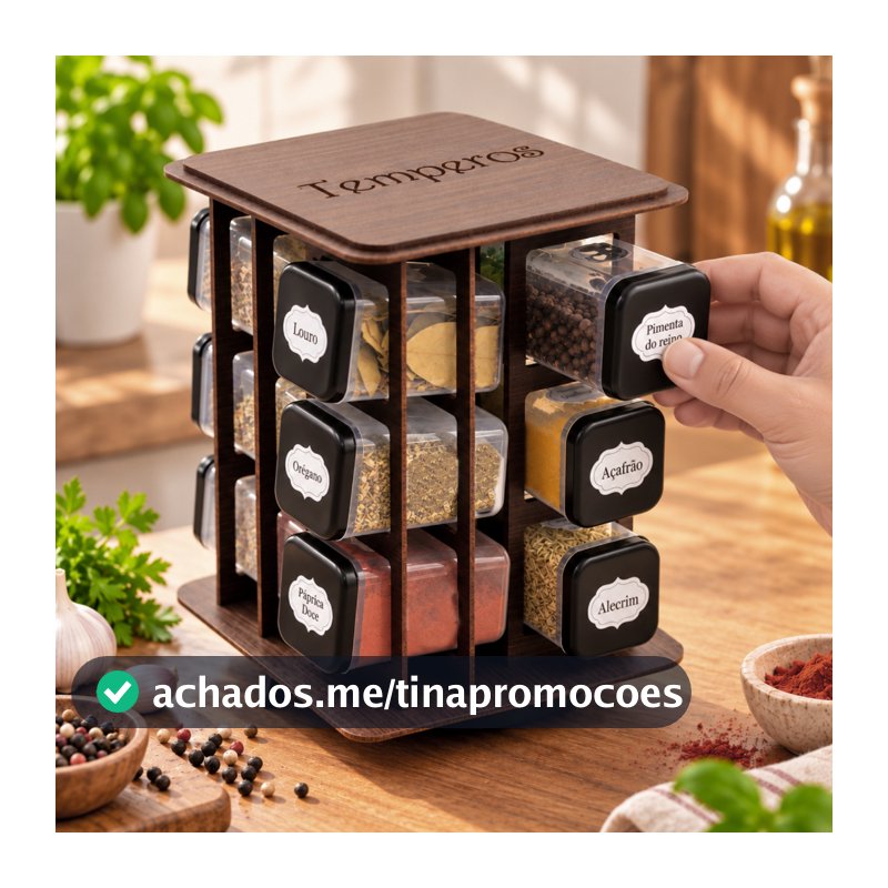 Porta Temperos Giratório 12 Potes MDF Organizador de Condimentos Especiarias para Cozinha 360 Graus